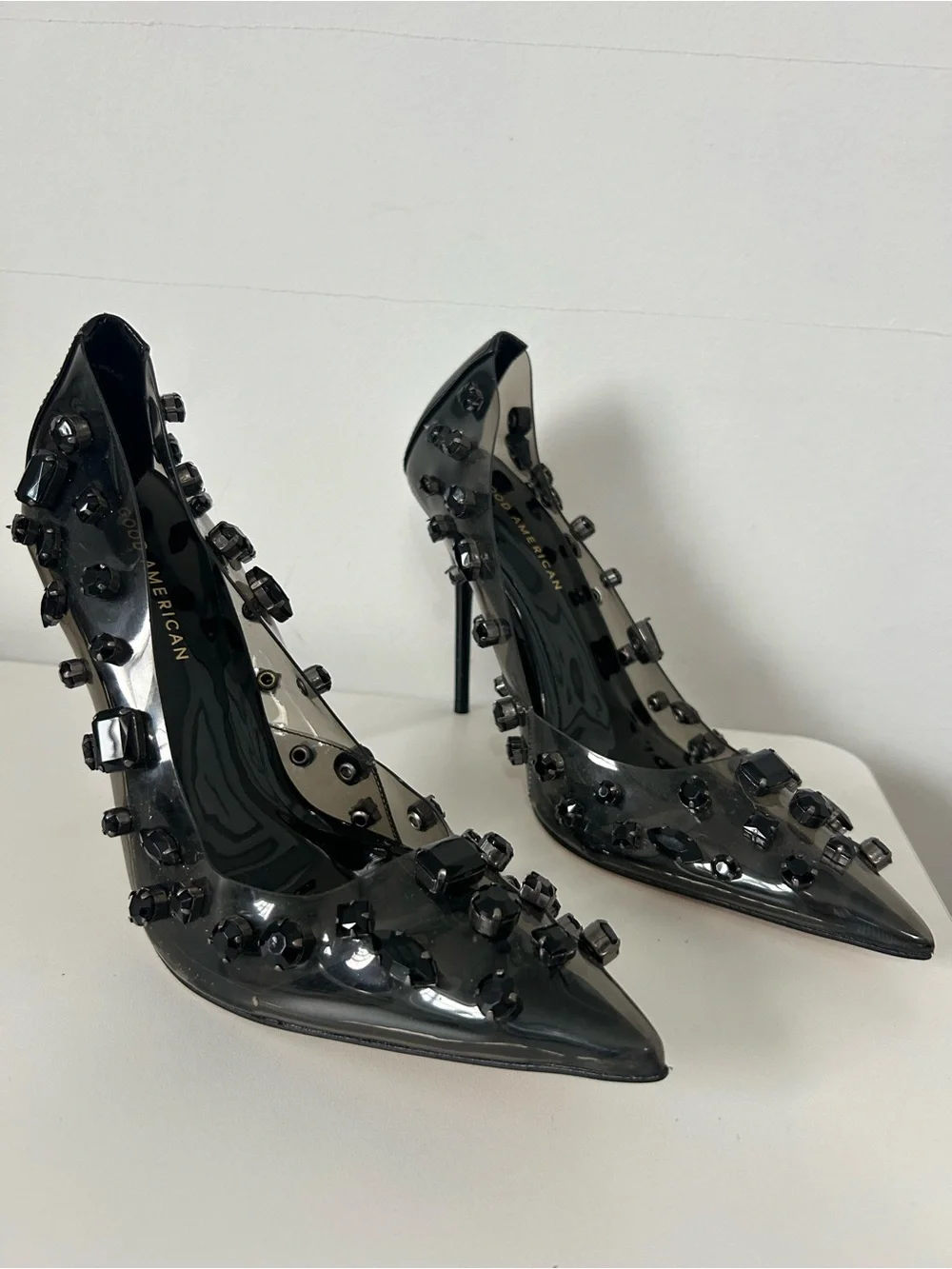 Good American Black Diamond Forever Stiletto Jeweled Emma Heels Size 9.5 chic